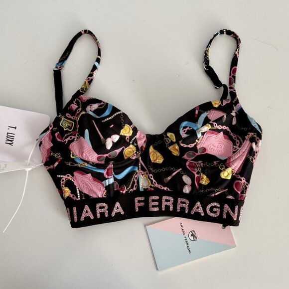 Chiara Ferragni Other - Chiara Ferragni Bustier Bralette Bra Black Logo Graphic Print Size US 32 XS